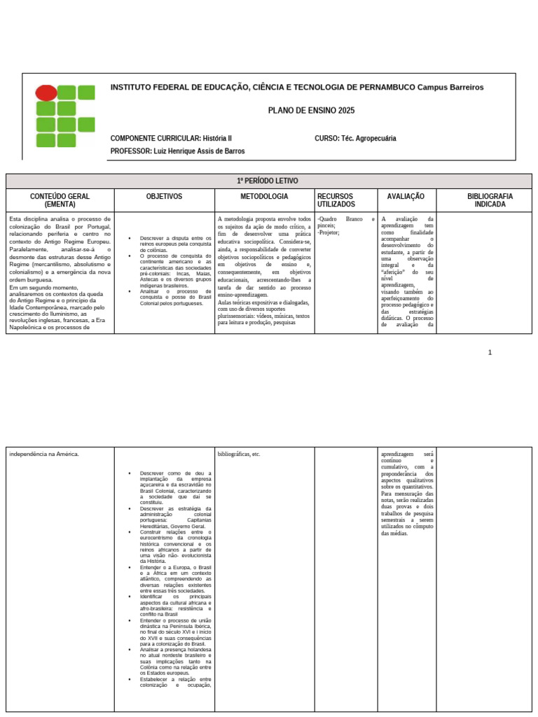 Plano de Ensino - História II 2025-1 | PDF | Brasil | Pedagogia