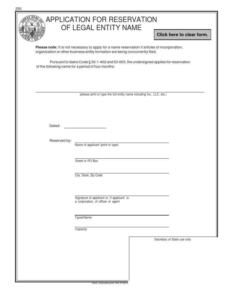 Idaho Name Reservation Application | PDF