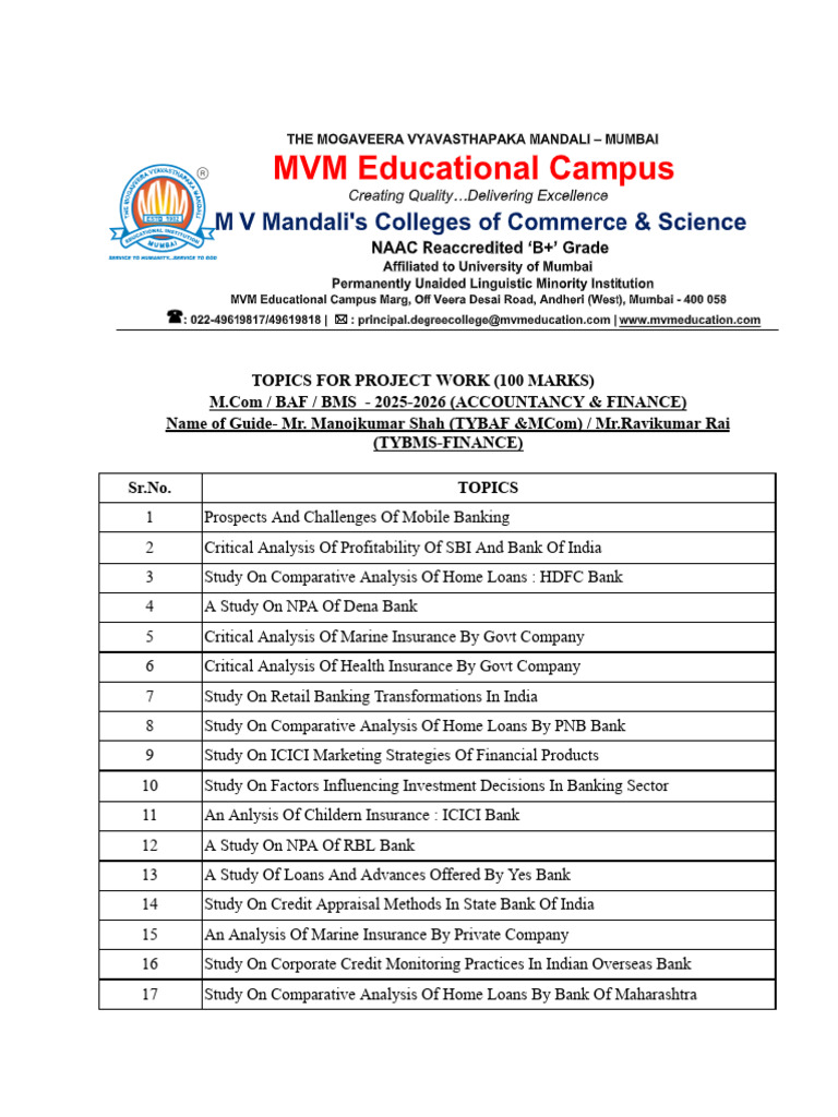 Topics for Project Work (100 Marks) | PDF | Banks | Investing