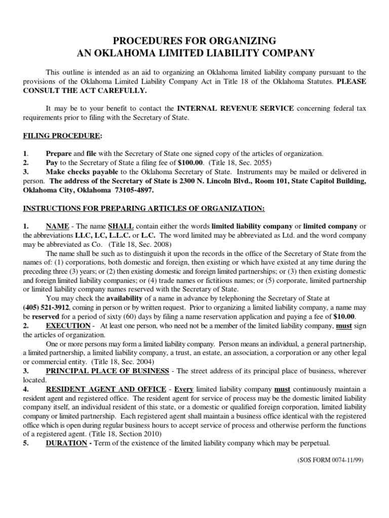 Oklahoma LLC Articles of Organization | Registered Agent | Limited ...