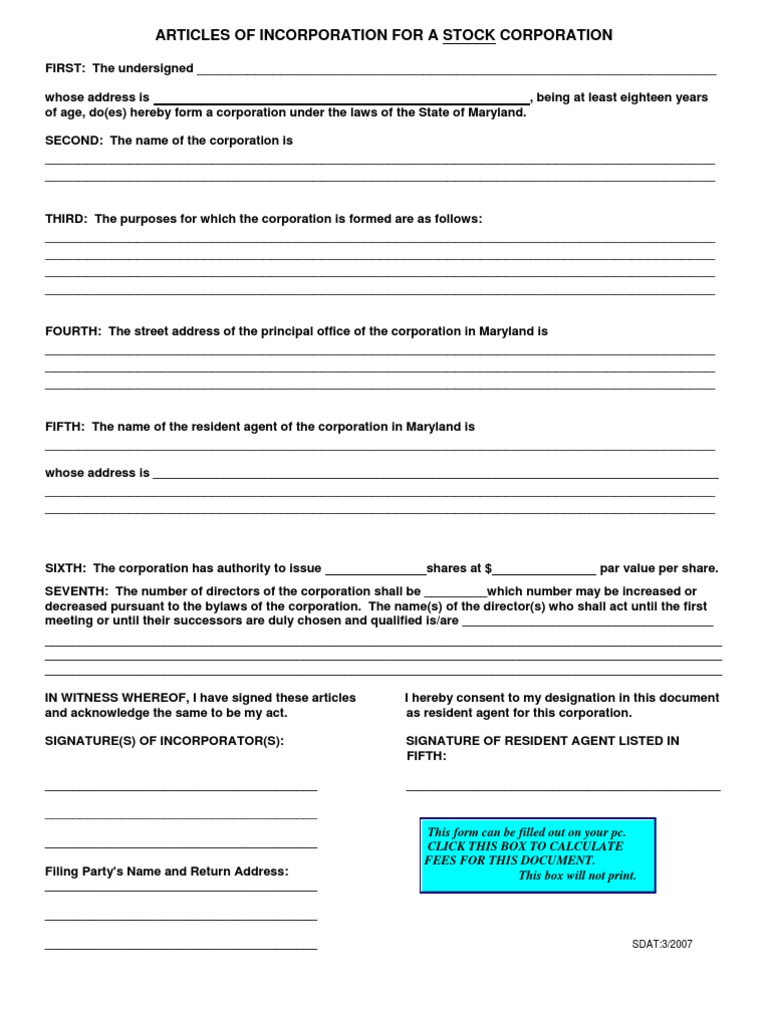 maryland article of incorporation