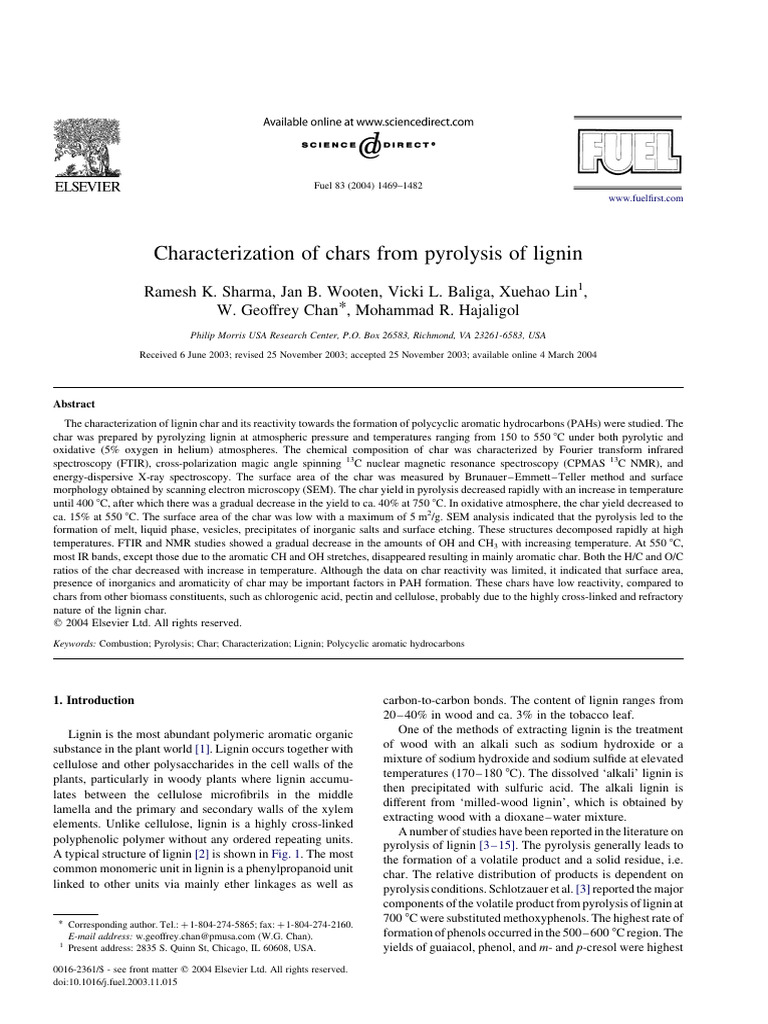 2003 Characterization of Chars From Pyrolysis of Lignin | PDF ...