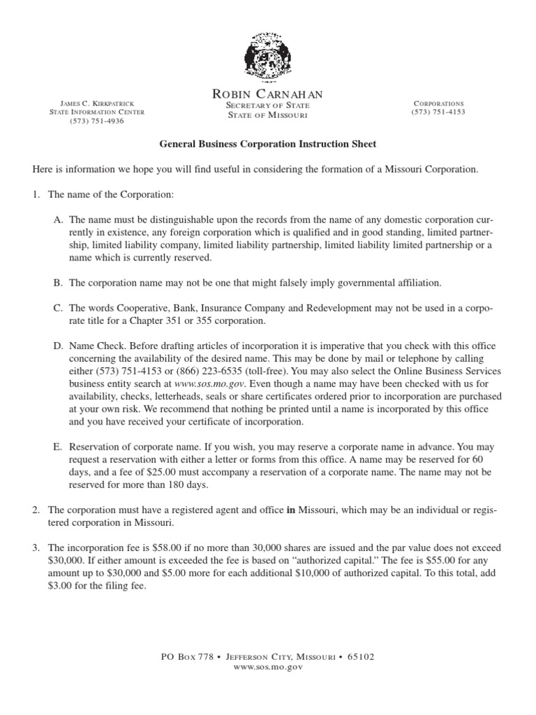 Missouri Articles of Incorporation Zip Code Corporations