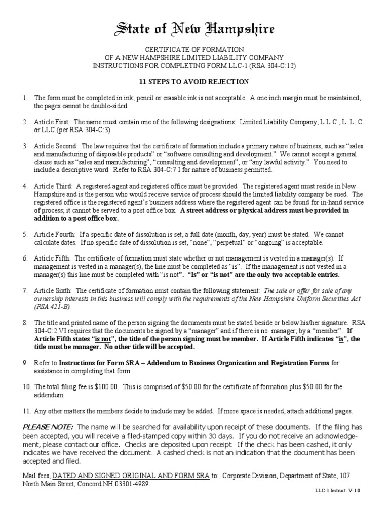 New Hampshire LLC Certificate of Formation PDF Partnership