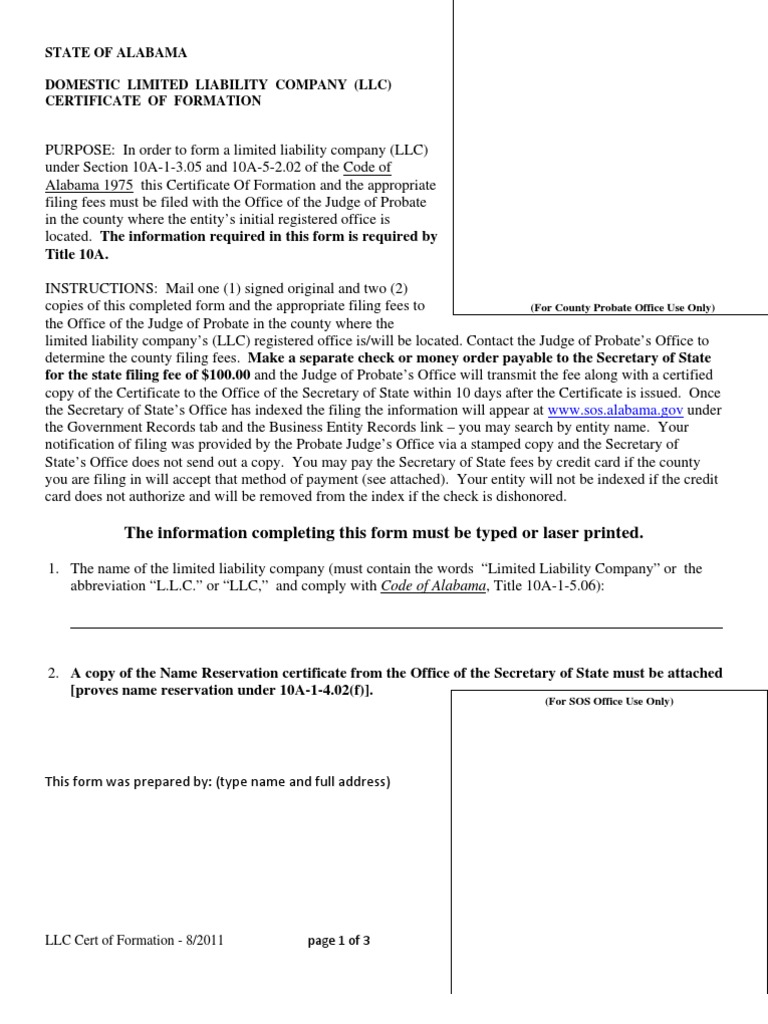Alabama LLC Certificate of Formation | Limited Liability Company ...