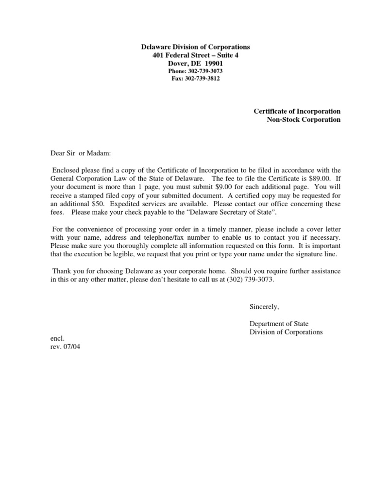 Delaware Certificate of Incorporation | Nonprofit Organization ...