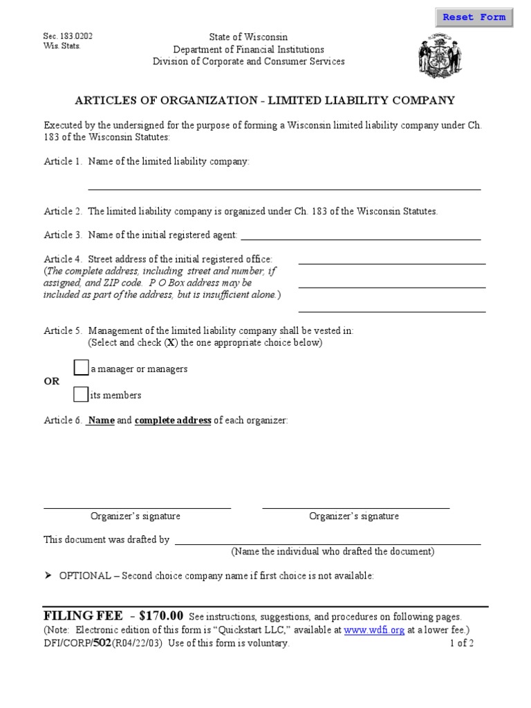 Wisconsin LLC Articles of Organization Registered Agent Limited