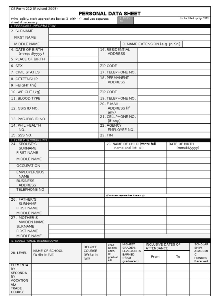 PDS CS Form 212 (Revised 2005) Personal Data Sheet PDS CS Form 212 (Revised 2005) Personal Data Sheet