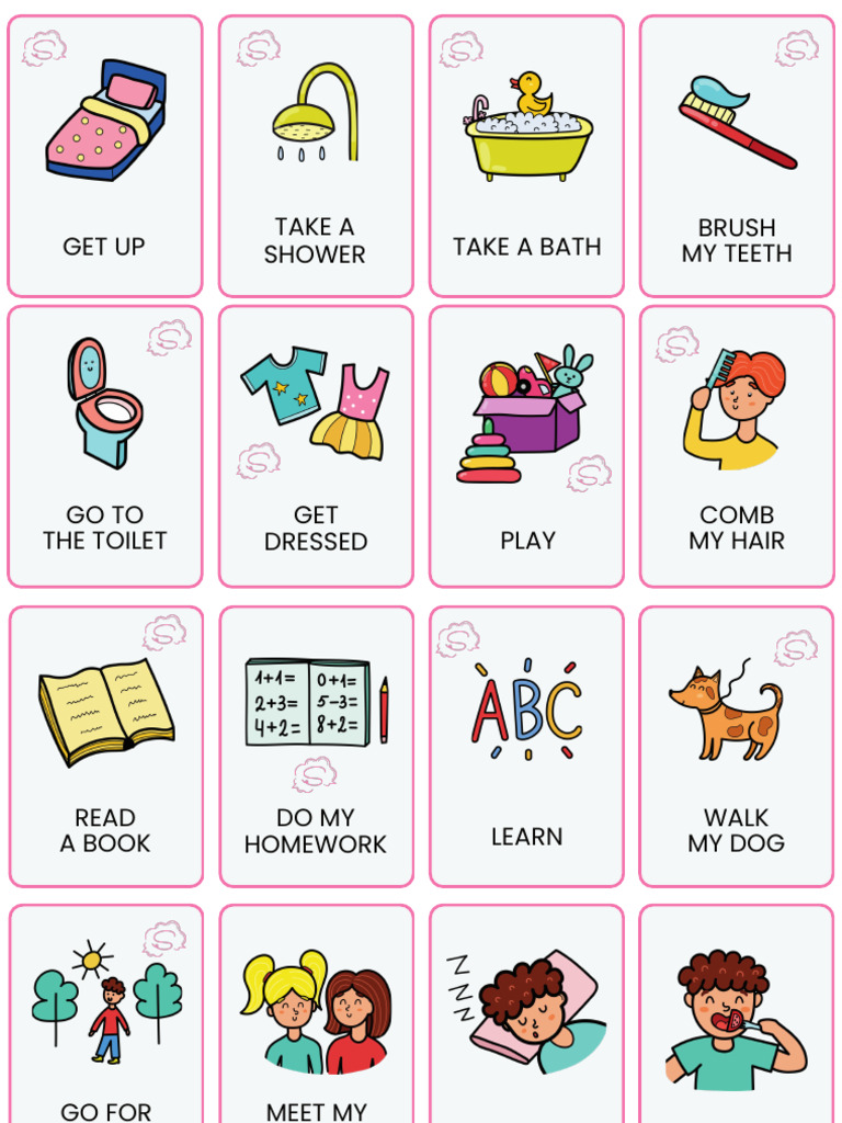 Daily Activities Vocabulary Flashcards in Colorful Illustrative Style | PDF