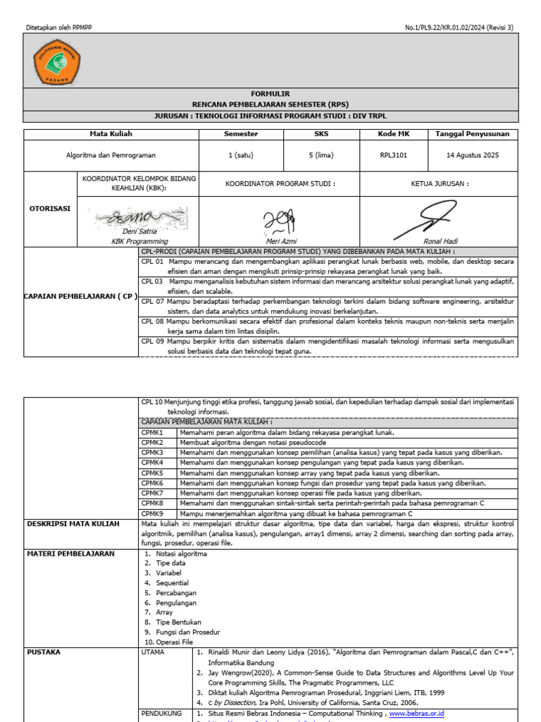 RPS TRPL Algoritma Dan Pemrograman 2025 | PDF