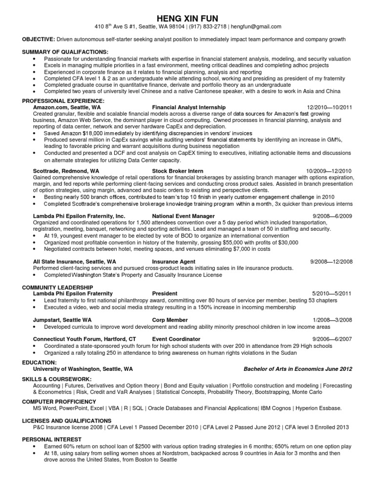 Resume 8.7.2012 Financial Modeling Financial Analyst