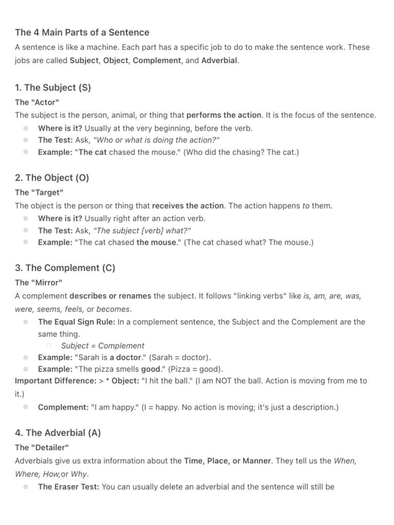 The 4 Main Parts of a Sentence | PDF | Subject (Grammar) | Verb