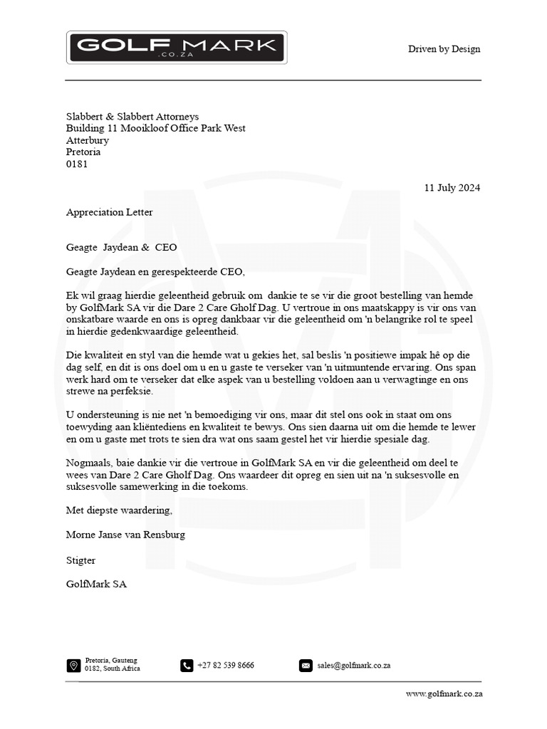 Appreciation Letter Slabbert & Slabbert | PDF