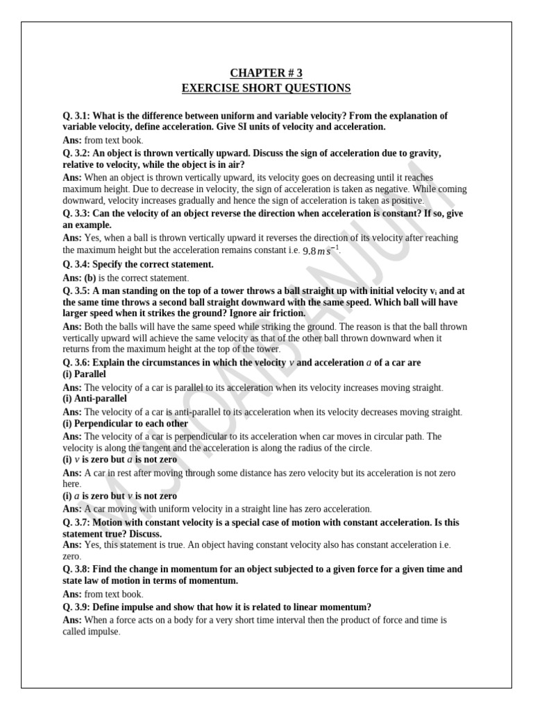 11th Physics Chap # 3 Ex S.qs Notes | PDF