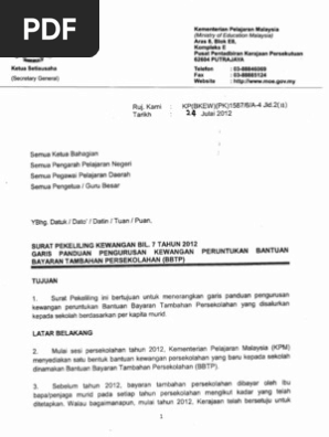 Surat Pekeliling Kewangan Bil 7 Tahun 2012 Garis Panduan Pengurusan Peruntukan Bantuan Bayaran Tambahan Persekolahan Bbtp Pdf