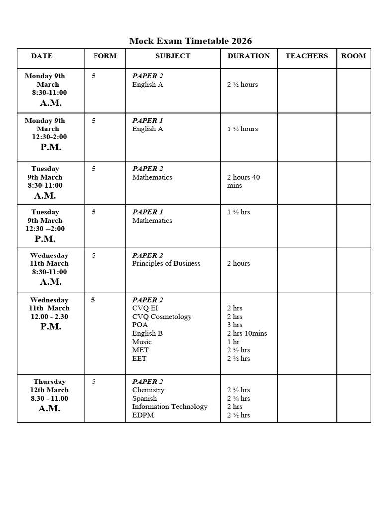 Mock Exam Timetable 2026 Form 5 (1) | PDF