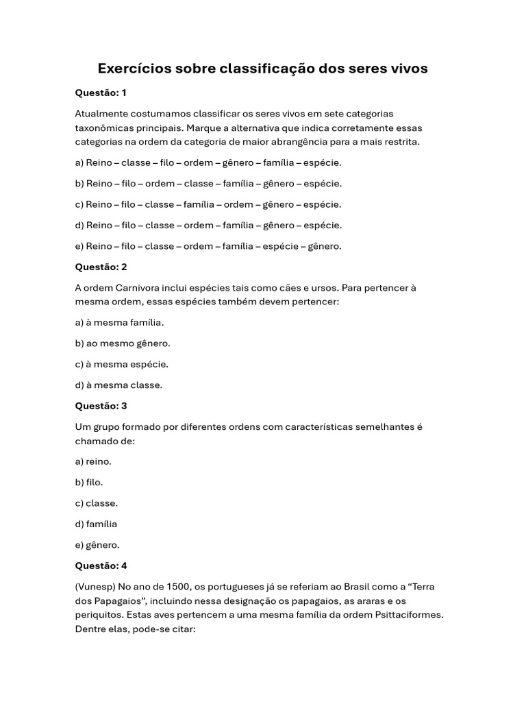 Lista de Exercícios de Ciências - Classific Dos Seres Vivos | PDF