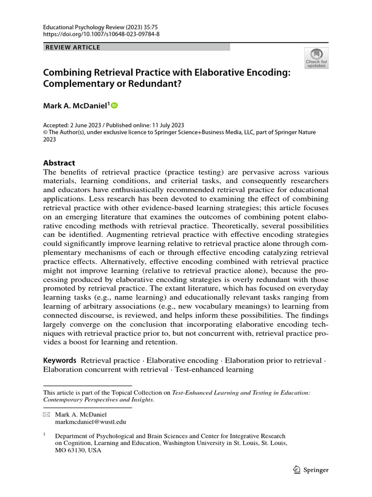 Combining Retrieval Practice with Elaborative Encoding | PDF