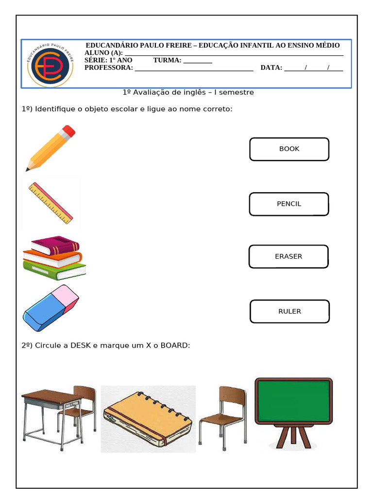Avaliação de Inglês - 1º Ano | PDF