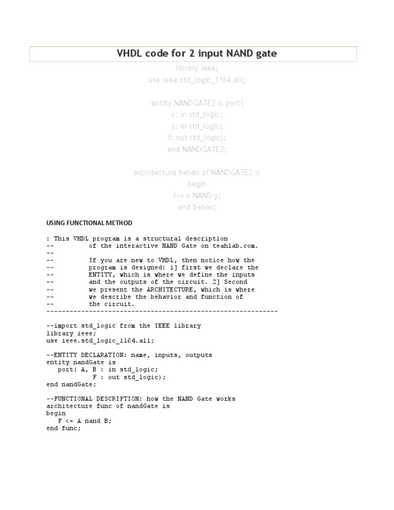 Vhdl code for 2 input nand gate using functional method pdf