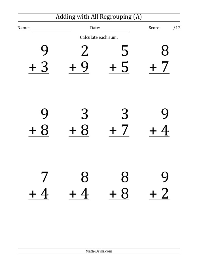 Addition One Digit All Regrouping12 001.1602884034-1 | PDF