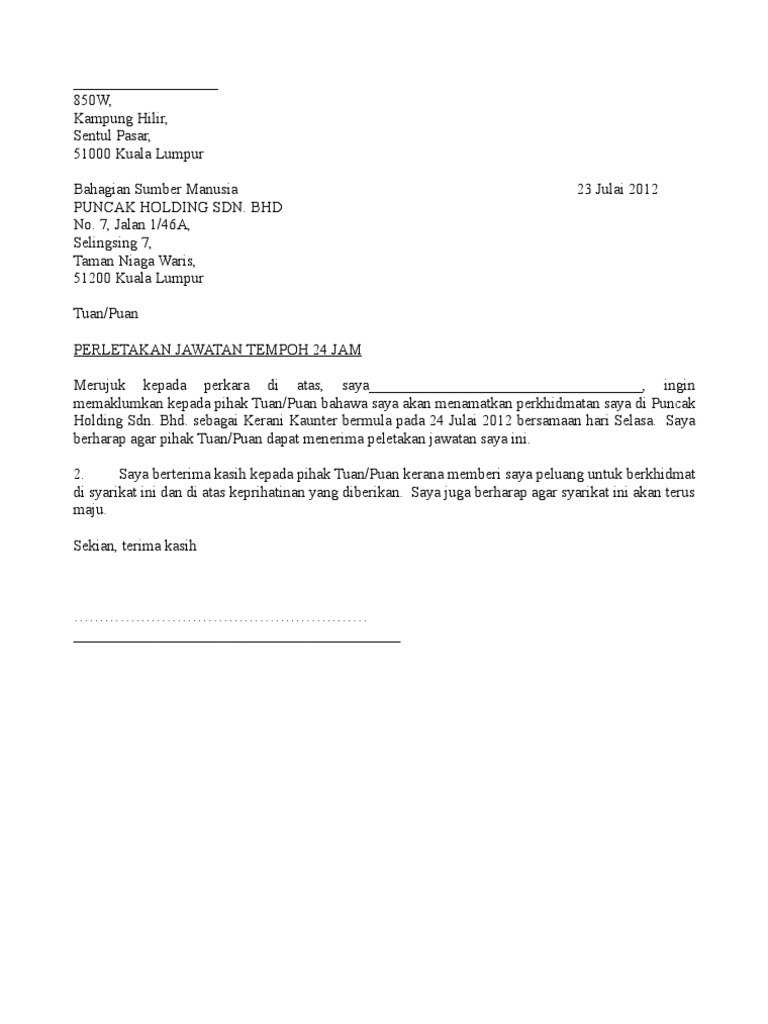 Contoh Surat Perletakan Jawatan Doc