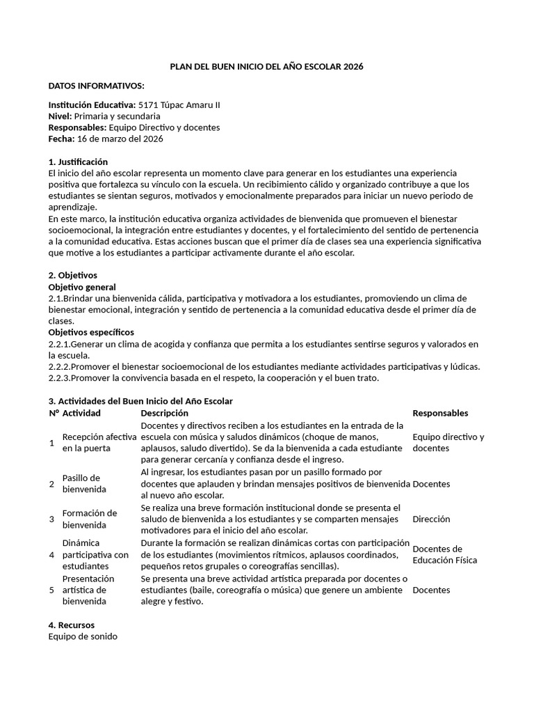 Plan Del Buen Inicio Del Año Escolar 2026 | PDF | Enseñando | Escuelas