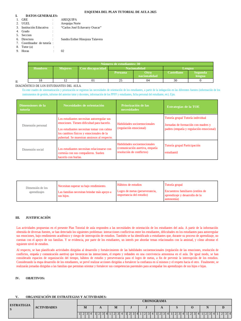 Esquema Del Plan Tutorial de Aula 2025 | PDF