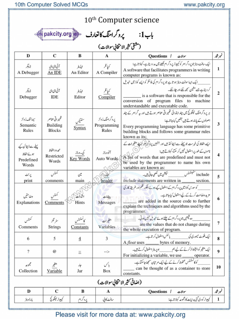 10th Class Computer MCQs | PDF