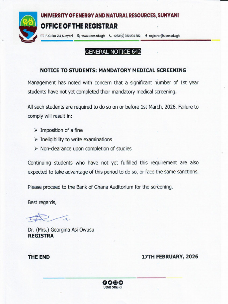 Notice To Students-Mandatory Medical Screening | PDF
