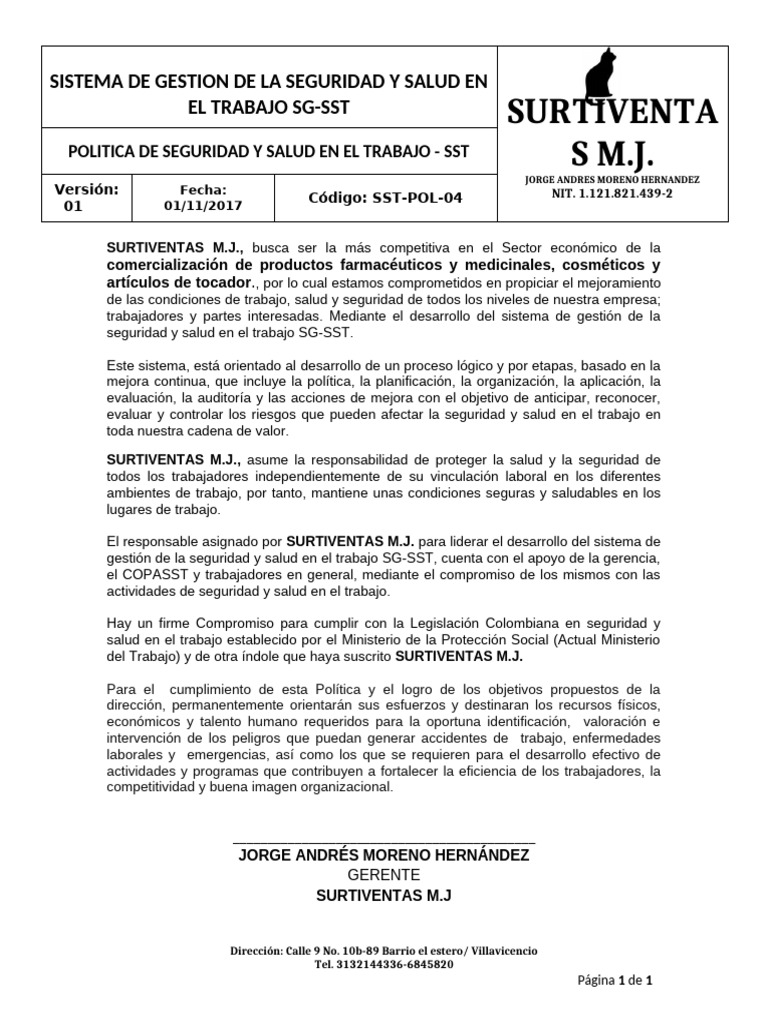 Sst-Pol-04 Politica de Seguridad y Salud en El Trabajo - SST | PDF ...