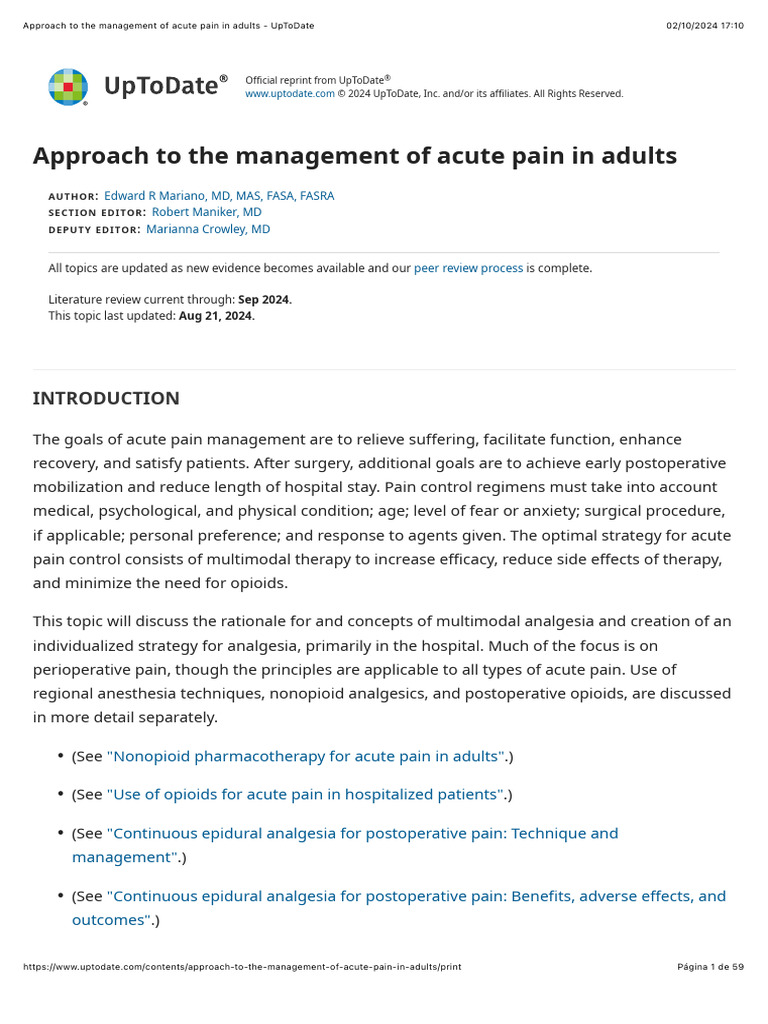 Approach to the Management of Acute Pain in Adults - UpToDate | PDF