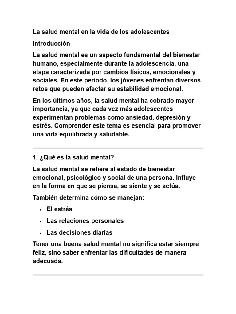 La Salud Mental en La Vida de Los Adolescentes | PDF | Salud mental ...