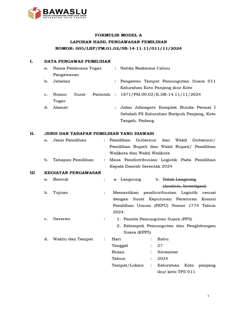 Form A 27 Arus Balik - Nabila - Kpik - Tps 011-1 | PDF