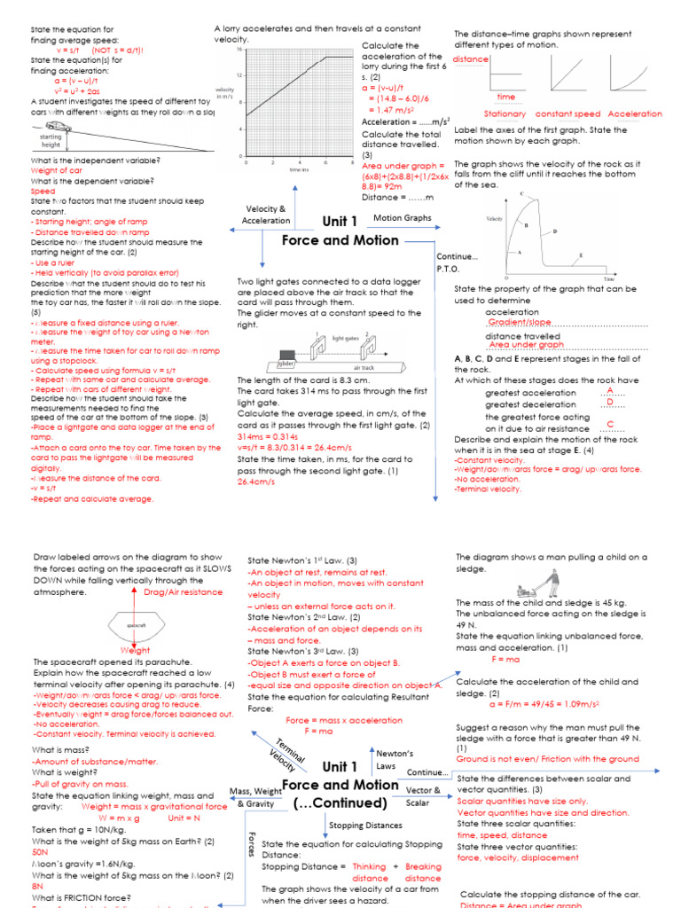 Unit 1 Force and Motion RM - ANS | PDF | Force | Velocity