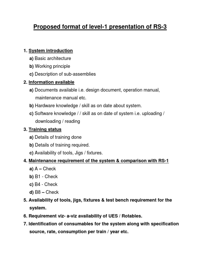 Proposed Format of Level-1 Presentation of RS-3: Maintenance Manual Etc ...