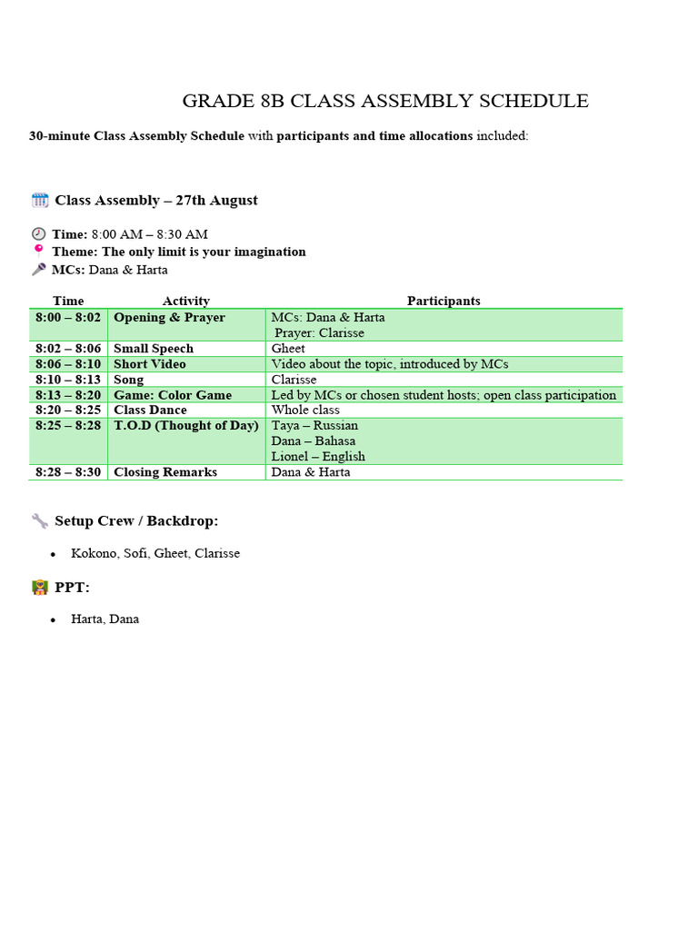 Tentative Schedule for Our Assembly[1] | PDF