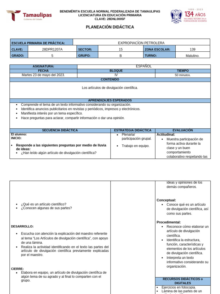 Formato de Planeación Español 5° Alejandro | PDF | Educación primaria ...