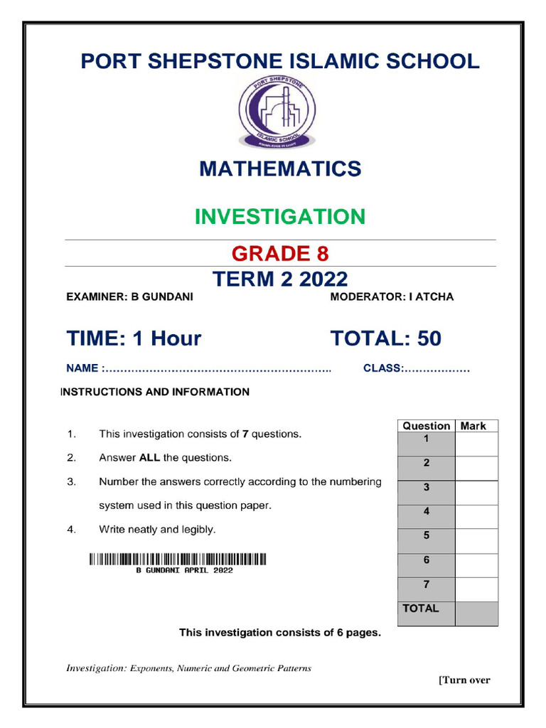 Grade 8 Term 2 Maths Investigation | PDF