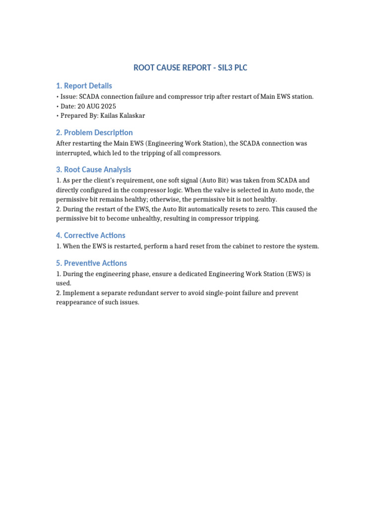 Root Cause Report SIL3 PLC | PDF