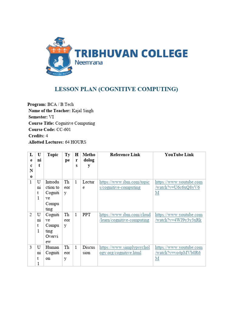 Cognitive Computing Lesson Plan | PDF