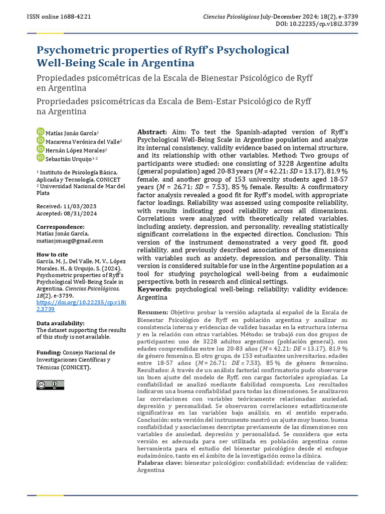 Psychometric Properties of Ryff's Psychological | PDF | Science ...