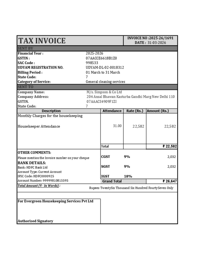 Simpson Invoice for the Month of March'26 | PDF