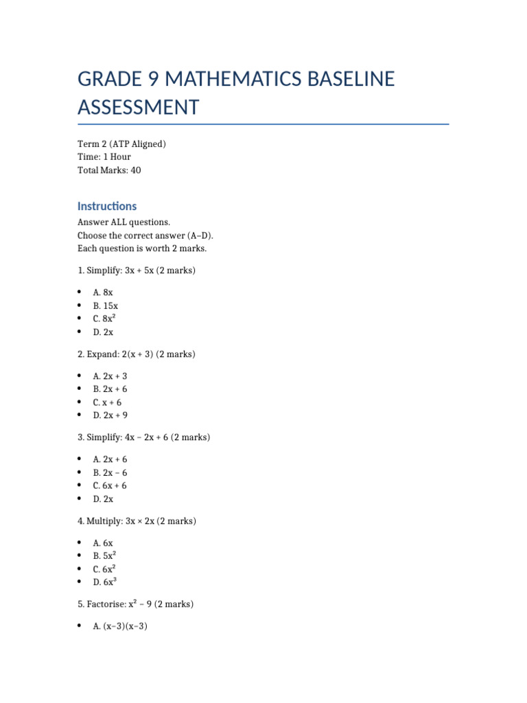 Grade 9 Baseline Assessment | PDF