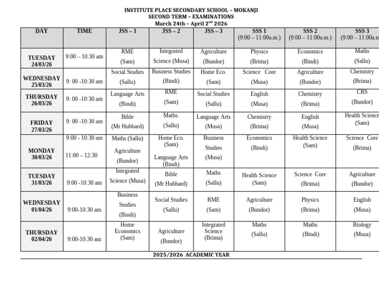 Second Term Exams Timetable 2026 Teacher | PDF | Science