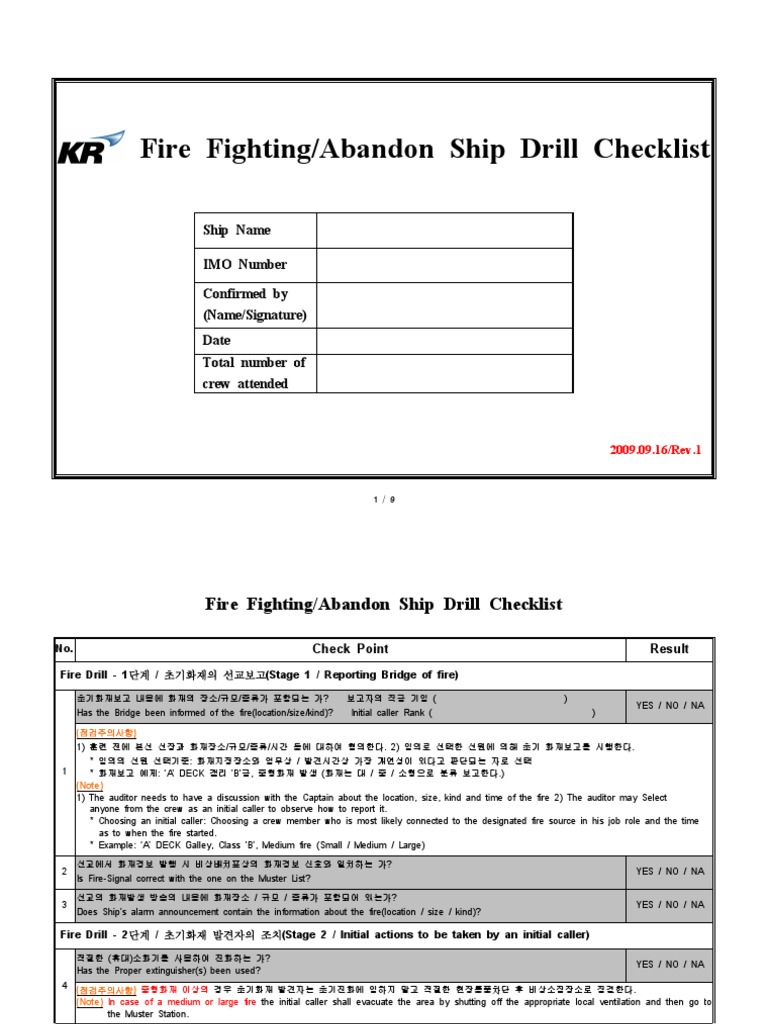Fire Fighting Abandon Ship Drill Checklist
