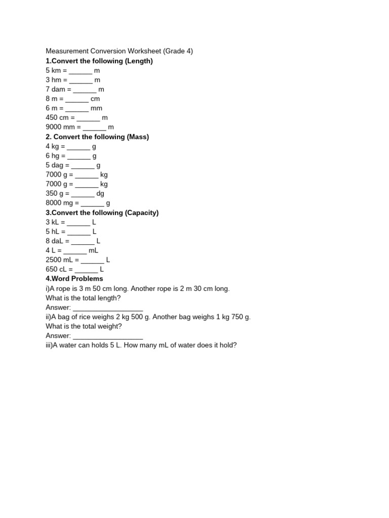 Measurement Worksheet | PDF