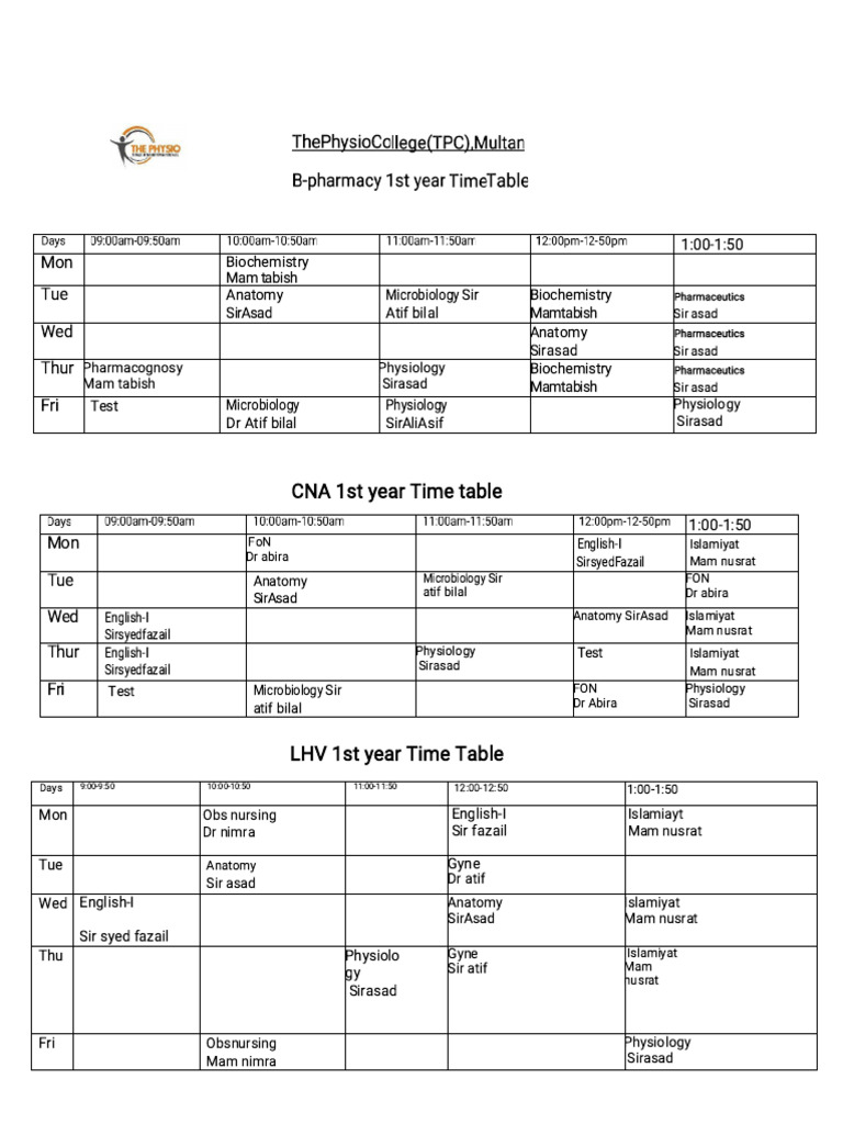 1st Year Time Table | PDF | Biology