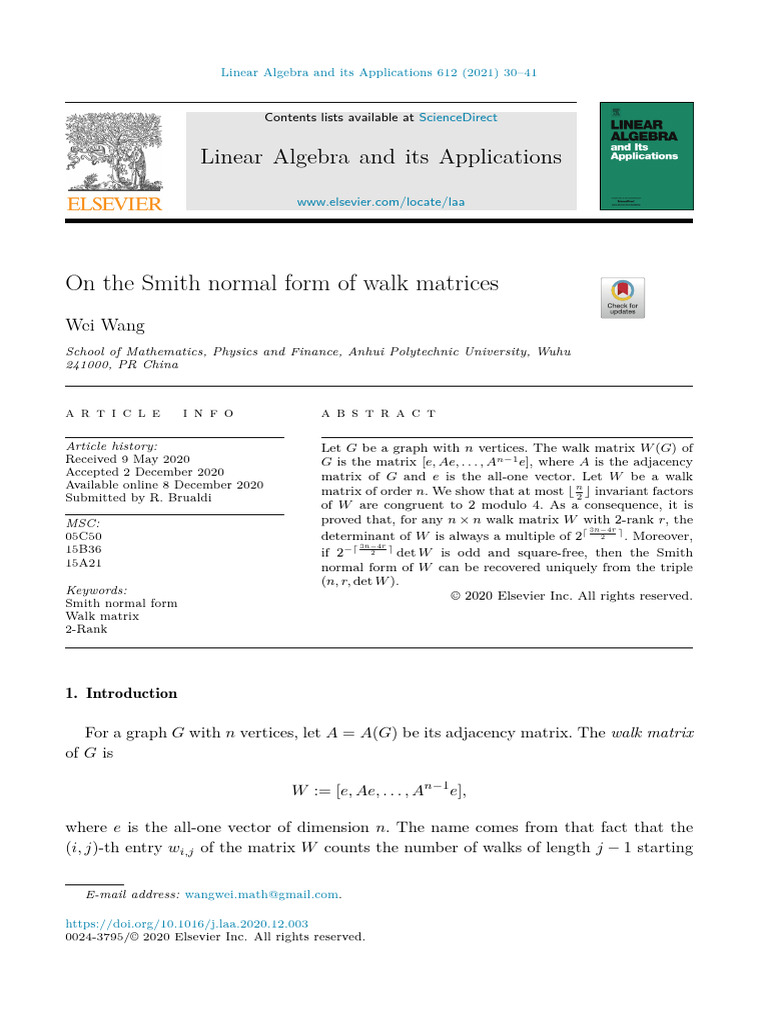2021LAAOn the Smith Normal Form of Walk Matrices | PDF