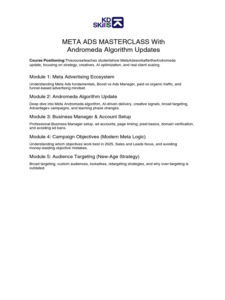 META ADS MASTERCLASS With Andromeda Algorithm Updates 20251230034853 | PDF